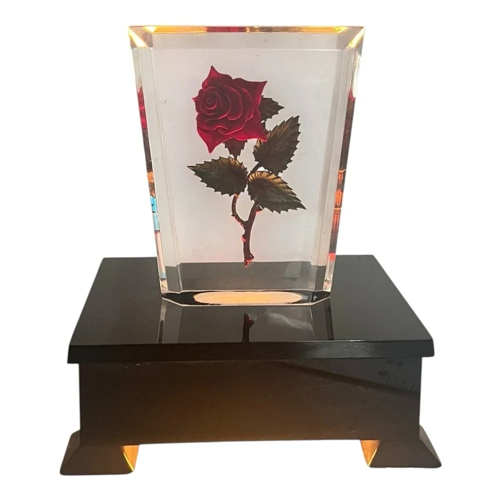 Vintage Lucite MCM Retro Art Deco Encased Rose Lamp Night Light Switch Plug In